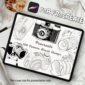 May include: A digital tablet screen displaying a collection of 100 black and white camera brush stamps for Procreate. The text "Procreate 100 Camera Brush Stamps" is displayed on the screen.