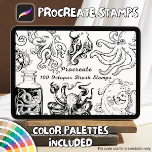 May include: A digital illustration of 100 Procreate octopus brush stamps. The image shows a variety of octopus designs, including an octopus in a bottle, an octopus with its tentacles outstretched, and an octopus with its tentacles curled up. The text "Procreate 100 Octopus Brush Stamps" is displayed on the image.