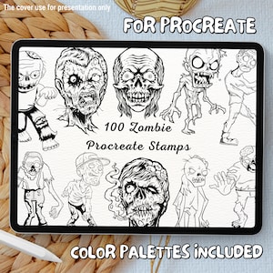 Może przedstawiać: Cyfrowy ekran tabletu wyświetlający 100 czarno-białych ilustracji zombie. Na ekranie widoczny jest tekst "FOR PROCREATE" i "100 Zombie Procreate Stamps". Tekst "COLOR PALETTES INCLUDED" jest widoczny u dołu ekranu.