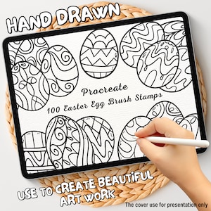 May include: A digital tablet screen displaying 100 hand-drawn Easter egg brush stamps for use in the Procreate app. The text "HAND DRAWN" and "Procreate 100 Easter Egg Brush Stamps" is visible on the screen. A hand is holding a stylus and drawing on the screen.