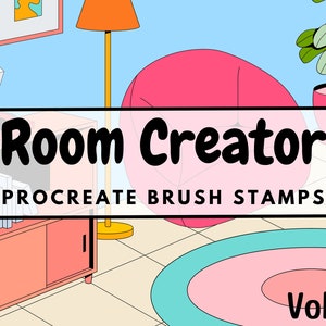 Pode incluir: Uma ilustração digital de uma sala com uma poltrona rosa, uma lâmpada, um toca-discos, uma estante, um tapete e uma planta. O texto "Room Creator Procreate Brush Stamps Vol. 6" é exibido no centro da imagem.