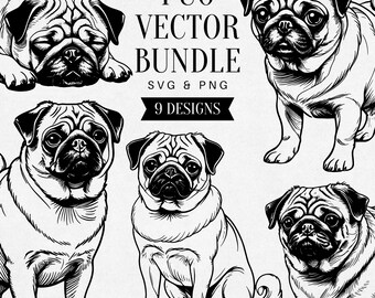 Vintage Pug SVG, Realistic Dog PNG Clipart, Pet Illustration, Small Dog Vector, Tattoo Design, Commercial Use
