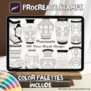 May include: A digital tablet screen displaying 100 black and white vase brush stamps for Procreate. The text "Procreate 100 Vase Brush Stamps" is displayed on the screen. The text "COLOR PALETTES INCLUDE" is displayed below the tablet screen.