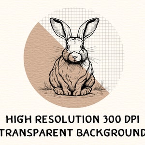 May include: A black and white line drawing of a rabbit sitting on a brown background. The rabbit has long ears and a fluffy tail.