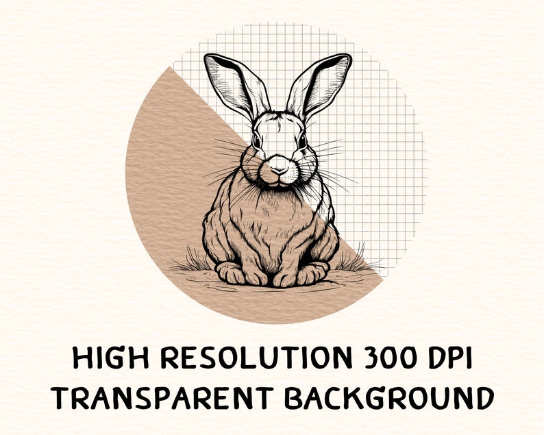 May include: A black and white line drawing of a rabbit sitting on a brown background. The rabbit has long ears and a fluffy tail.