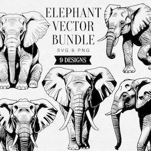Może przedstawiać: Czarno-białe ilustracje wektorowe słoni w różnych pozach. Obraz zawiera tekst "ELEPHANT VECTOR BUNDLE" i "SVG & PNG" z "9 DESIGNS" poniżej. Ilustracje przedstawiają szczegółową pracę liniową.