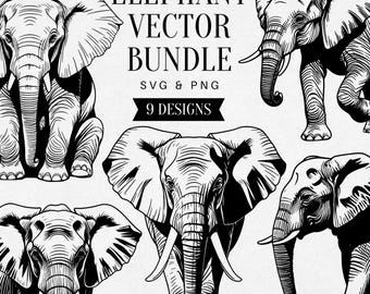 Vintage Elephant SVG Bundle, Realistic Wildlife PNG Clipart, Jungle Animal Art, Vector Illustration, Tattoo Design, Commercial Use