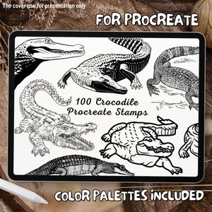 Pode incluir: Uma ilustração digital de 100 carimbos de crocodilo em preto e branco para o aplicativo Procreate. O texto "FOR PROCREATE" e "100 Crocodile Procreate Stamps" é exibido na imagem. O texto "COLOR PALETTES INCLUDED" é exibido na parte inferior da imagem.