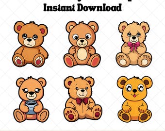 Kawaii Teddy Bear Clipart Bundle, Cute Teddy Bear Clipart, Teddy Bear Illustration, Teddy Bear PNG Files for Crafts, Digital Stickers