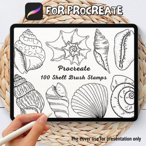 以下が含まれることがあります： Procreate 用の 100 個の貝殻ブラシスタンプのデジタルイラスト。画像には、らせん状、ハマグリ、ホタテなど、さまざまな貝殻の形が示されています。