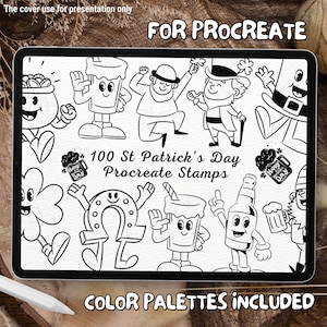 May include: A digital illustration of 100 black and white St. Patrick's Day themed stamps for Procreate. The stamps feature various designs including shamrocks, leprechauns, beer mugs, and horseshoes.