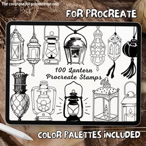 Puede incluir: Una pantalla de tableta digital que muestra 100 ilustraciones en blanco y negro de linternas. El texto "FOR PROCREATE" y "100 Lantern Procreate Stamps" se muestra en la pantalla. El texto "COLOR PALETTES INCLUDED" se muestra debajo de la pantalla.
