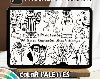 100 Retro Character Brush Stamps | Procreate Retro Character Brush Stamps | Retro Character Procreate Stamps | Procreate Retro Character