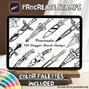 May include: A digital illustration of 100 black and white dagger brush stamps for Procreate. The text "Procreate 100 Dagger Brush Stamps" is displayed on a white background. The text "COLOR PALETTES INCLUDED" is displayed below the image.