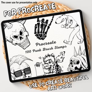 Może przedstawiać: Ekran tabletu cyfrowego wyświetlający zestaw 100 stempli pędzla punkowego Procreate. Stempelki przedstawiają różne czarno-białe ilustracje czaszek, dłoni i innych wzorów w stylu punkowym. Na ekranie wyświetlany jest tekst "Procreate 100 Punk Brush Stamps". Na dole ekranu wyświetlany jest tekst "Use to create beautiful art work".