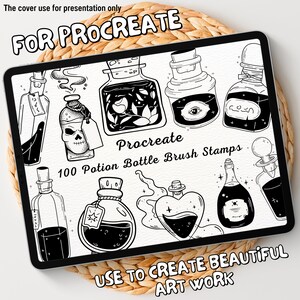 May include: A digital illustration of 100 Procreate potion bottle brush stamps. The image shows a variety of potion bottles with different shapes, sizes, and designs. The text "Procreate 100 Potion Bottle Brush Stamps" is displayed on the screen.