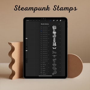 May include: A screenshot of a digital art app showing a list of "Steampunk" themed brushes. The brushes are displayed in a column on the right side of the screen, with a preview of each brush next to its name. The brushes include images of gears, butterflies, and other steampunk-inspired designs.