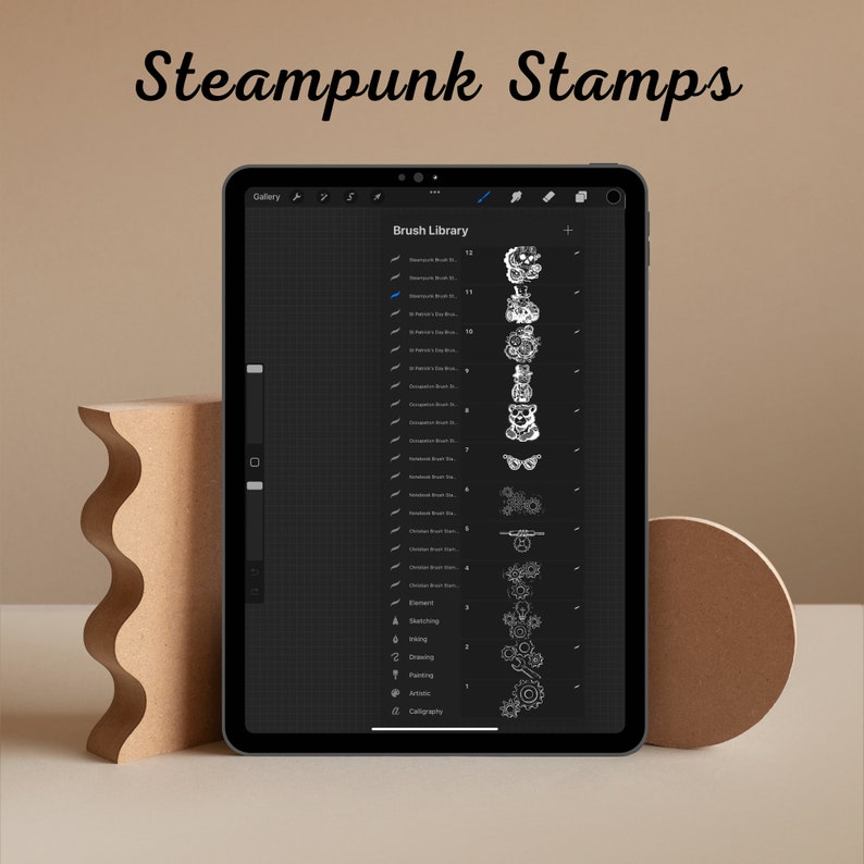 May include: A screenshot of a digital art app showing a list of "Steampunk" themed brushes. The brushes are displayed in a column on the right side of the screen, with a preview of each brush next to its name. The brushes include images of gears, butterflies, and other steampunk-inspired designs.