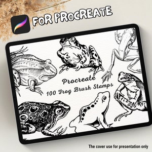 May include: A digital illustration of 100 black and white frog brush stamps for Procreate. The image shows a variety of frog poses and styles, including a frog with a textured skin, a frog with a smooth skin, and a frog with a spotted skin.