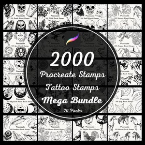 Mega Bundle | 20 pakietów | 2000 znaczków Procreate | Znaczki pędzla Procreate | Znaczki tatuażu Procreate | Znaczki pędzla tatuażu | Znaczki tatuażu