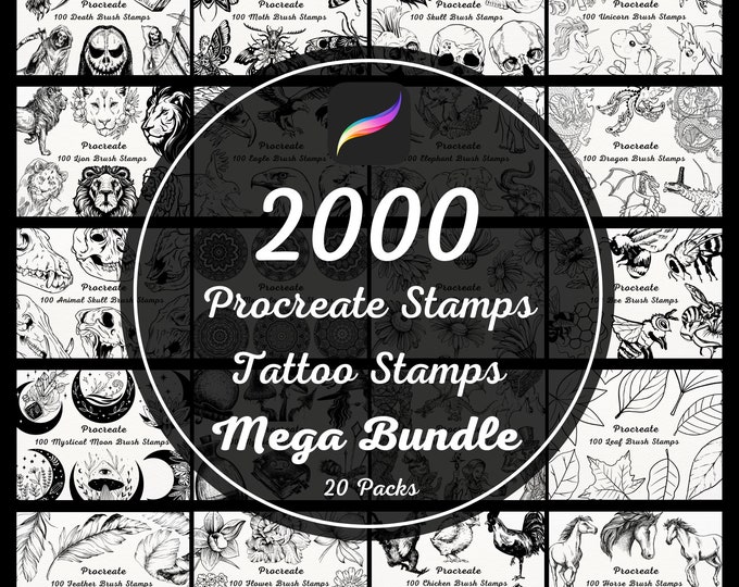 Featured listing image: Mega Bundle | 20 Packs | 2000 Procreate Stamps | Procreate Brush Stamps | Tattoo Procreate Stamps | Tattoo Brush Stamps | Tattoo Stamps