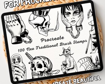 100 Neo Traditional Brush Stamps | Procreate Neo Traditional Brush Stamps | Neo Traditional Procreate Stamps | Procreate Neo Traditional