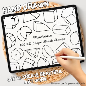 May include: A digital tablet screen displaying a collection of 100 hand-drawn 3D shape brush stamps for the Procreate app. The text "HAND DRAWN" is at the top of the screen, and the text "Procreate 100 3D Shape Brush Stamps" is in the centre of the screen. The text "USE TO CREATE BEAUTIFUL ART WORK" is at the bottom of the screen.