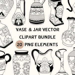May include: A set of 20 black and white vector illustrations of vases and jars with intricate floral designs.  The illustrations are perfect for crafting, scrapbooking, and digital design projects.  Vase & Jar Vector Clipart Bundle 20 PNG Elements