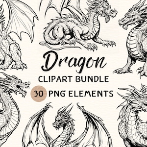May include: A set of 30 black and white dragon illustrations. The dragons are in various poses, including flying, sitting, and standing. The illustrations are in a simple, line art style.  Dragon Clipart Bundle 30 PNG Elements