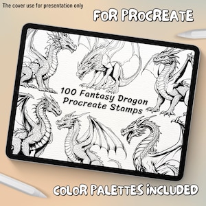 Può includere: Un'illustrazione digitale di 100 timbri di draghi fantasy in bianco e nero per Procreate. Il testo "FOR PROCREATE" e "100 Fantasy Dragon Procreate Stamps" è visibile sull'immagine. Il testo "COLOR PALETTES INCLUDED" è anche visibile sull'immagine.