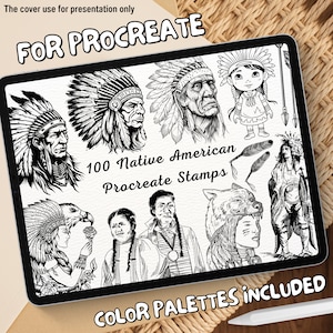 May include: A digital illustration of 100 black and white Native American themed Procreate stamps. The text "FOR PROCREATE" and "100 Native American Procreate Stamps" is displayed on the image. The text "COLOR PALETTES INCLUDED" is displayed at the bottom of the image.