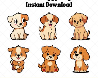 Kawaii Puppy Clipart Bundle, Cute Puppy Clipart, Puppy Illustration, Puppy PNG and JPG Files for Crafts, Digital Stickers, Commercial Use