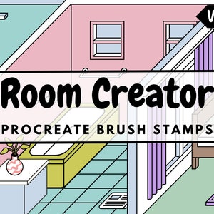 Pode incluir: Uma ilustração digital de um quarto com uma banheira, uma cama e uma janela. A ilustração é em estilo de desenho animado e é rotulada como "Room Creator Procreate Brush Stamps Vol. 5".