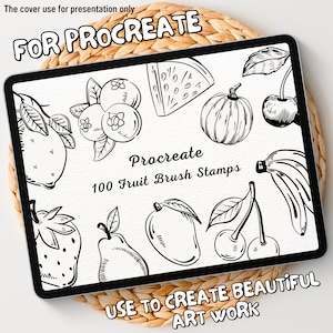 May include: A digital tablet displaying a set of 100 black and white fruit brush stamps for the Procreate app. The text "Procreate 100 Fruit Brush Stamps" is displayed on the screen. The text "USE TO CREATE BEAUTIFUL ART WORK" is displayed at the bottom of the screen.