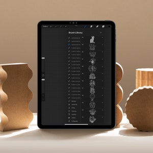 May include: A digital tablet screen displaying a list of brushes in a drawing app. The list is organized by category, including "Ink", "Drawing", "Artistic", and "Calligraphy". Each brush is represented by a small icon and a number indicating its size.