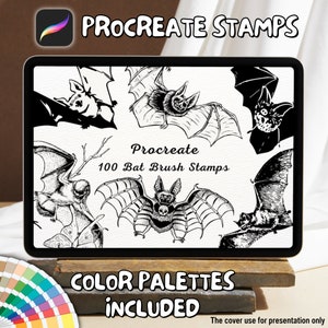 May include: A digital illustration of 100 black and white bat brush stamps for Procreate. The text "Procreate 100 Bat Brush Stamps" is displayed on a white background. The text "COLOR PALETTES INCLUDED" is displayed below the image.