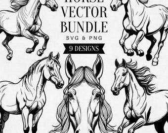 Vintage Horse SVG Bundle, Realistic Farm Animal PNG Clipart, Equestrian Illustration, Vector Art, Tattoo Design, Commercial Use