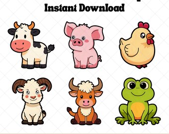 Kawaii Farm Animal Clipart Bundle, Cute Farm Animal Clipart, Farm Animal Illustration, Farm Animal PNG Files for Crafts, Digital Stickers