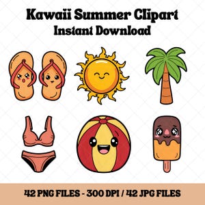 Paquete de imágenes prediseñadas de verano kawaii, imágenes prediseñadas de verano lindas, ilustraciones de verano, archivos PNG de verano para manualidades, pegatinas digitales, uso comercial