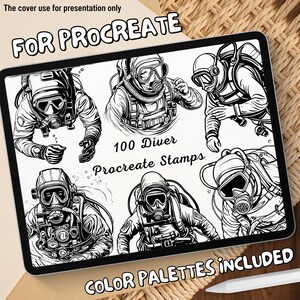 May include: A digital illustration of 100 black and white diver stamps for Procreate. The image shows a tablet screen with a variety of diver illustrations, including a diver with a helmet, a diver with a scuba tank, and a diver with a spear gun. The text "100 Diver Procreate Stamps" and "COLOR PALETTES INCLUDED" is visible on the screen.