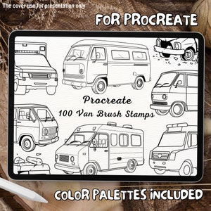 May include: A digital illustration of 100 black and white van brush stamps for Procreate. The text "FOR PROCREATE" and "Procreate 100 Van Brush Stamps" is included in the image. The text "COLOR PALETTES INCLUDED" is at the bottom of the image.