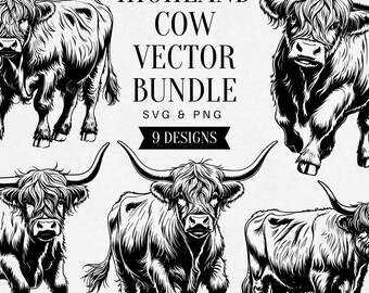 Vintage Highland Cow SVG Bundle, Realistic Farm Animal PNG Clipart, Cattle Illustration, Vector Art, Tattoo Design, Commercial Use