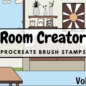 Pode incluir: Uma ilustração digital de um interior de sala de estar com um sofá, uma mesa de café e plantas. O texto "Room Creator" e "Procreate Brush Stamps" é exibido em texto preto. O texto "Vol. 3" é exibido em texto preto no canto inferior direito da imagem.