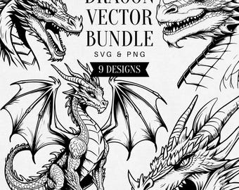 Vintage Dragon SVG Bundle, Realistic Fantasy PNG Clipart, Mythical Creature Art, Vector Illustration, Tattoo Design, Commercial Use