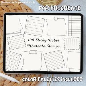 May include: A digital illustration of 100 sticky note stamps for Procreate. The stamps are in various shapes and sizes, including lined, gridded, and plain. The text "100 Sticky Notes Procreate Stamps" is included in the image.