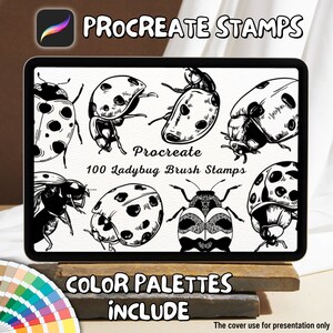 Może przedstawiać: Cyfrowa ilustracja 100 czarno-białych stempli pędzla w kształcie biedronki do Procreate. Na ekranie wyświetlony jest tekst "Procreate 100 Ladybug Brush Stamps". Pod ekranem wyświetlony jest tekst "COLOR PALETTES INCLUDE".
