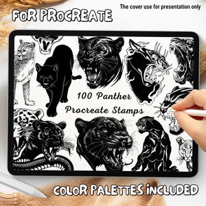 May include: A digital illustration of 100 black and white panther stamps for use in the Procreate app. The text "100 Panther Procreate Stamps" is displayed on the image. The text "COLOR PALETTES INCLUDED" is displayed at the bottom of the image.