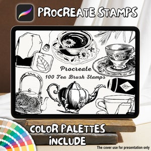 May include: A digital illustration of 100 Procreate tea brush stamps. The image shows a teapot, teacups, tea bags, and other tea-related items. The text "Procreate 100 Tea Brush Stamps" is included in the image. Colour palettes are also included.