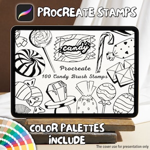 Puede incluir: Una ilustración digital de 100 sellos de pincel Procreate para dulces. La imagen muestra una variedad de formas de dulces, incluyendo piruletas, ositos de goma y barras de chocolate. El texto "candy" está escrito en una fuente estilizada en un envoltorio.