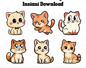 Kawaii Kitten Clipart Bundle, Cute Kitten Clipart, Kitten Illustration, Kitten PNG Files for Crafts, Digital Stickers, Commercial Use